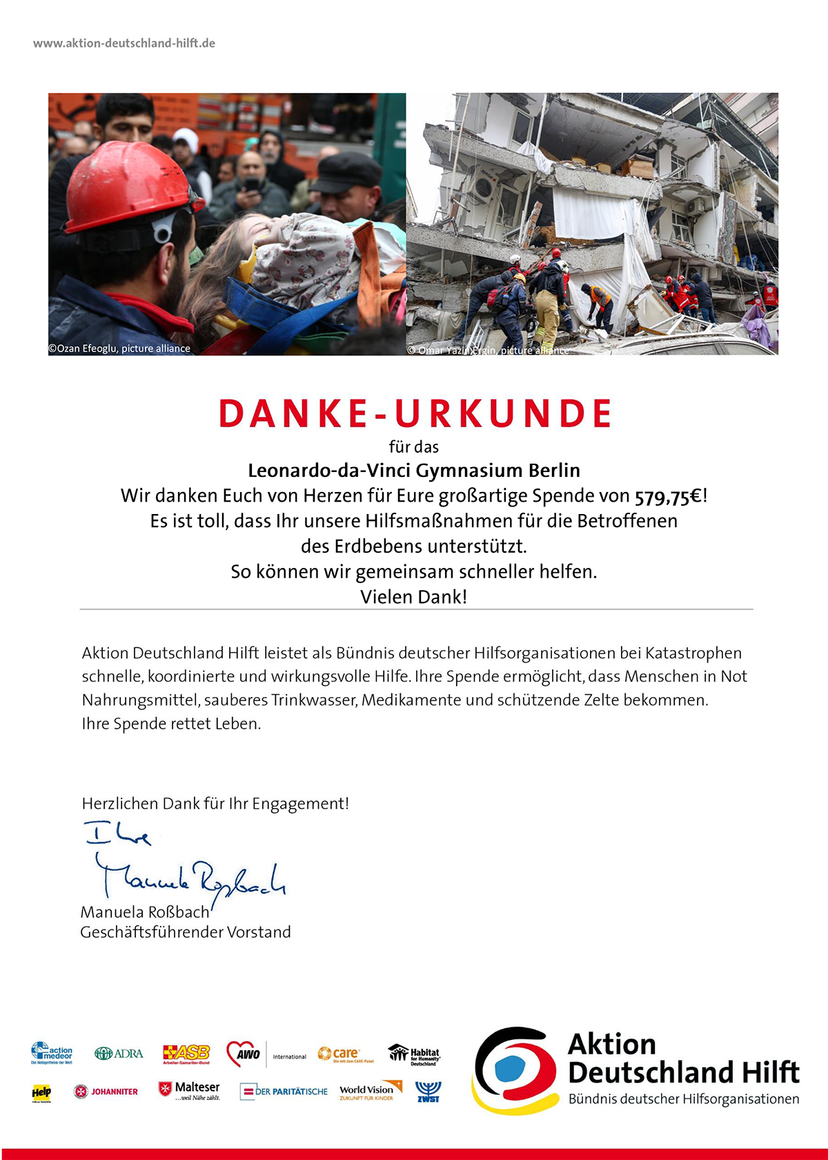 Danke-Urkunde Erdbebenhilfe 2023